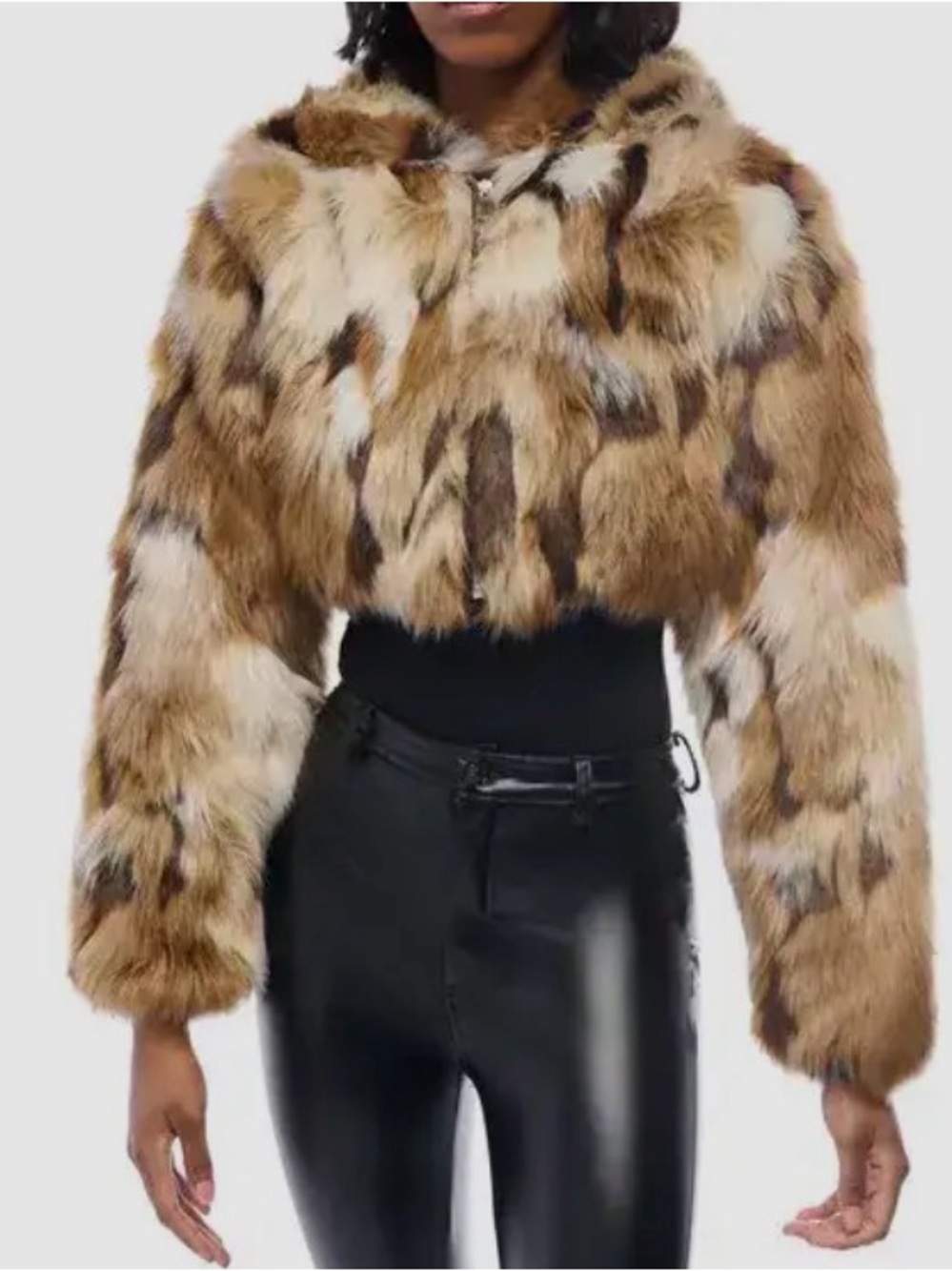 Akira Faux Fur Cropped Jacket in Multi-Tone Brown